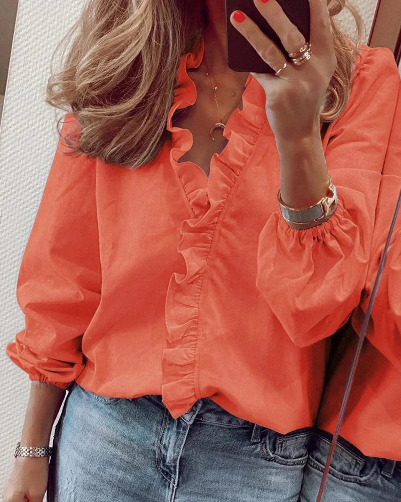 Enola | Women's Romantic Ruffled Neckline Pleated Balloon Sleeve Blouse 1