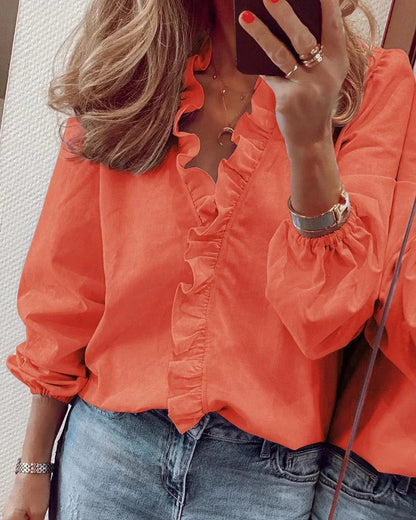 Enola | Women's Romantic Ruffled Neckline Pleated Balloon Sleeve Blouse 1
