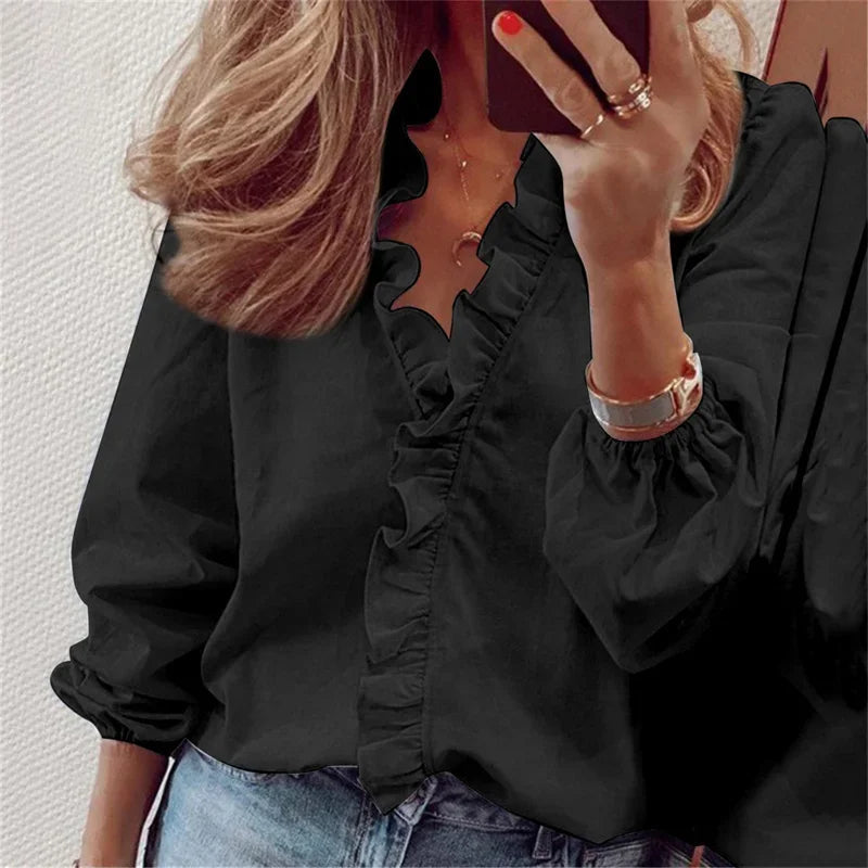 Enola | Women's Romantic Ruffled Neckline Pleated Balloon Sleeve Blouse 3