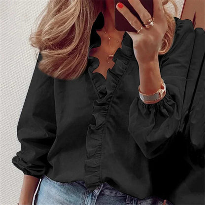 Enola | Women's Romantic Ruffled Neckline Pleated Balloon Sleeve Blouse 3