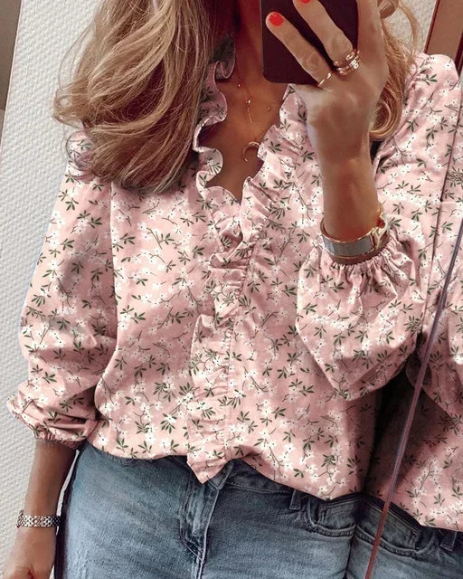 Enola | Women's Romantic Ruffled Neckline Pleated Balloon Sleeve Blouse 4