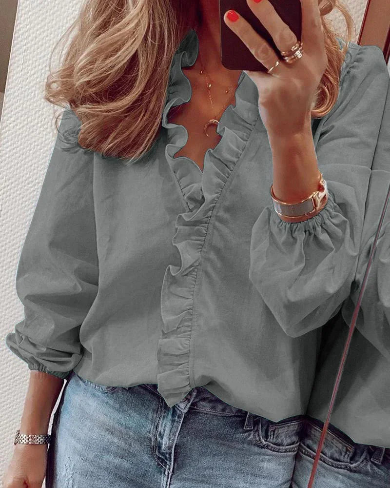 Enola | Women's Romantic Ruffled Neckline Pleated Balloon Sleeve Blouse 6