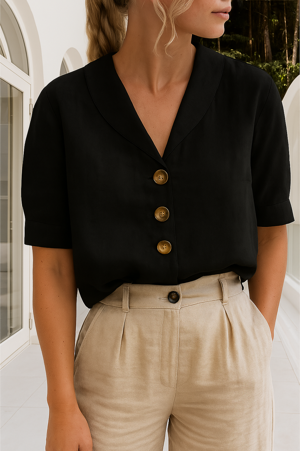 Ethel | Women's Elegant Wrap Neckline Short Sleeve Relaxed Fit Blouse 2