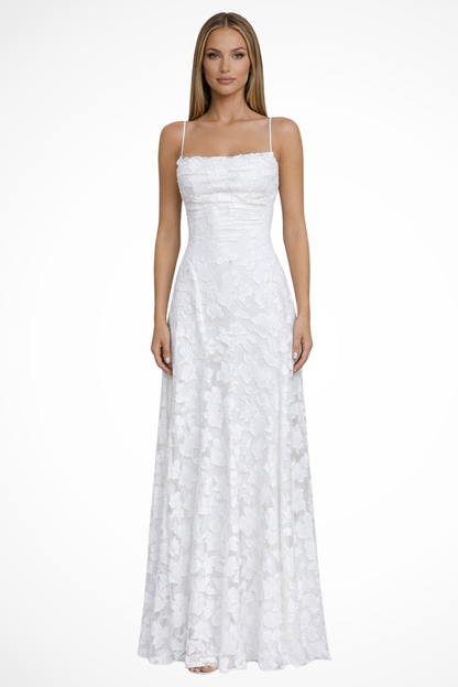 Formal Floral Jacquard Spaghetti Strap Backless Maxi Dress | Mira 1