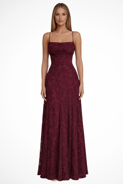 Formal Floral Jacquard Spaghetti Strap Backless Maxi Dress | Mira 2