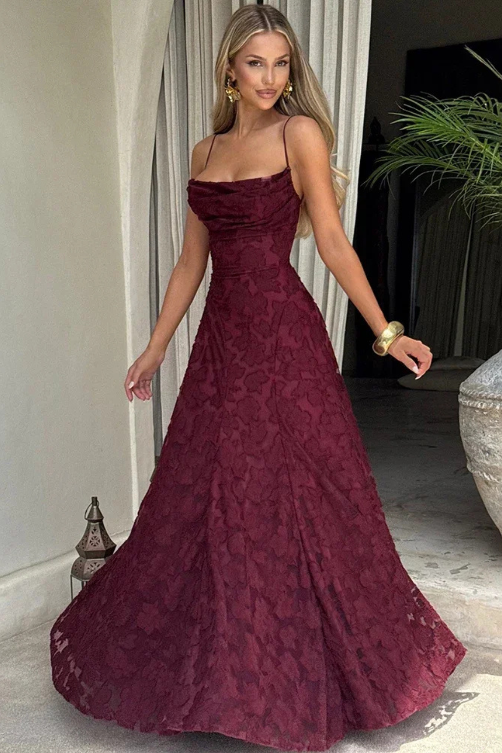 Formal Floral Jacquard Spaghetti Strap Backless Maxi Dress | Mira 3
