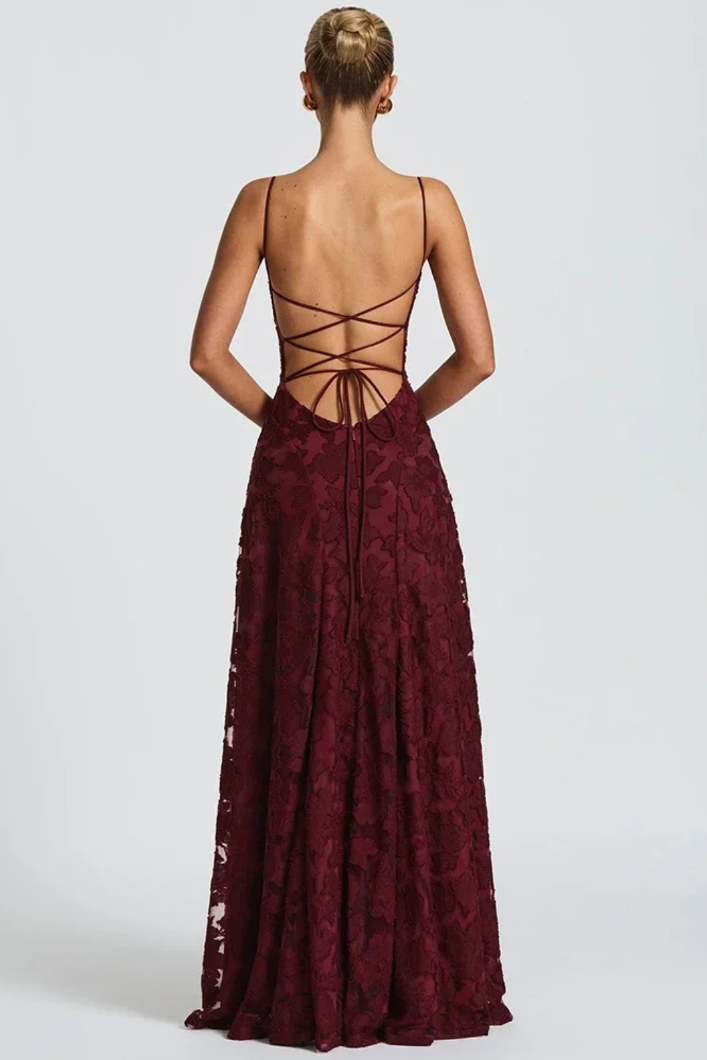 Formal Floral Jacquard Spaghetti Strap Backless Maxi Dress | Mira 5