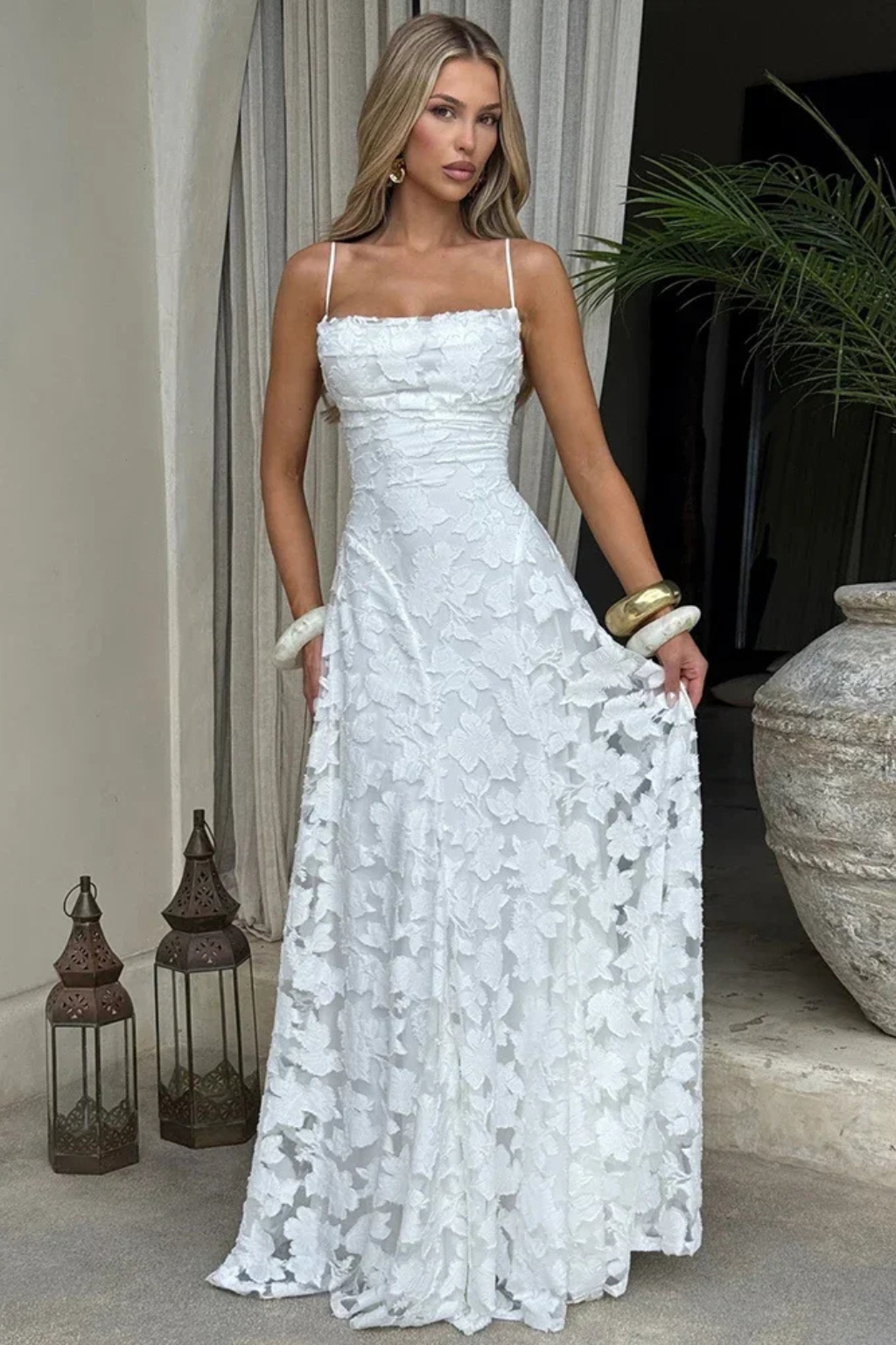 Formal Floral Jacquard Spaghetti Strap Backless Maxi Dress | Mira 7