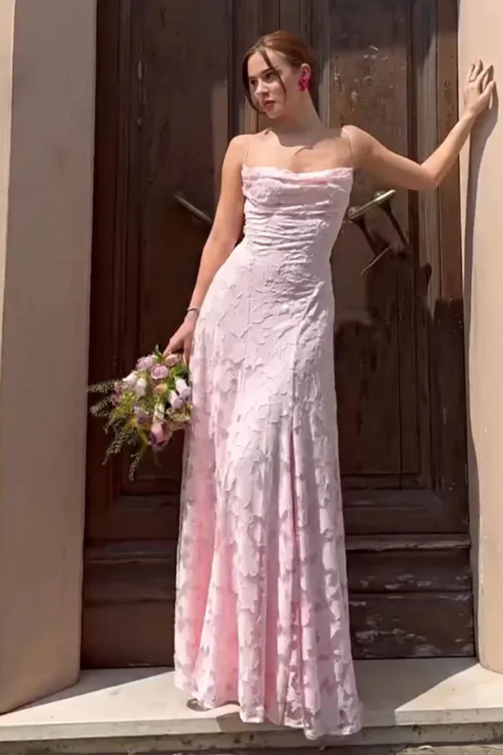 Formal Floral Jacquard Spaghetti Strap Backless Maxi Dress | Mira 9