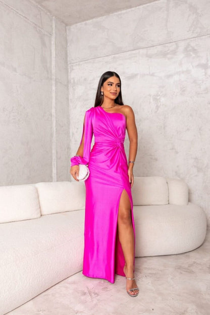 Formal One Shoulder Chiffon Maxi Dress with Flowing Sleeves | Mira 6