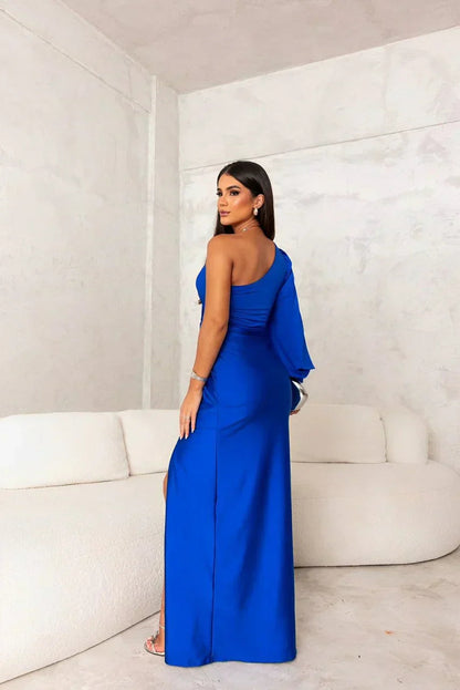 Formal One Shoulder Chiffon Maxi Dress with Flowing Sleeves | Mira 8