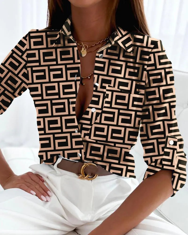 Freya | Women's Elegant Abstract Geometric Print Flattering Drape Blouse 3