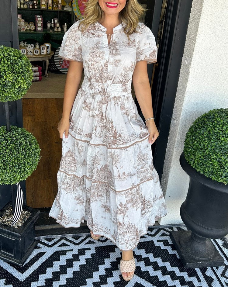 Garden Wedding Toile V-Neck Smocked Tiered Maxi Dress | Mira 2