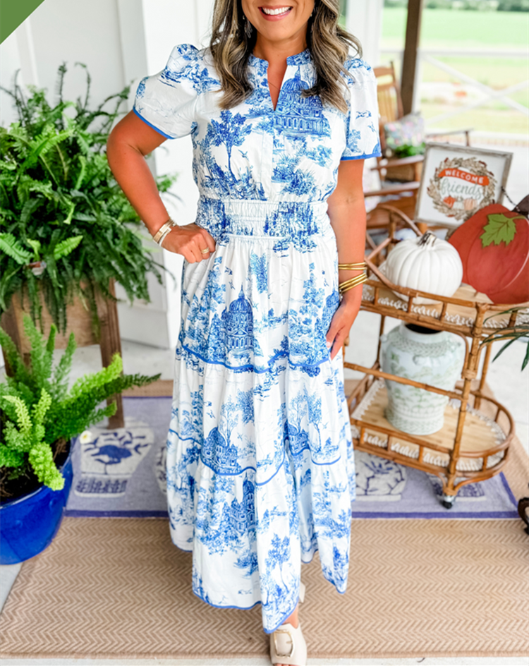 Garden Wedding Toile V-Neck Smocked Tiered Maxi Dress | Mira 3