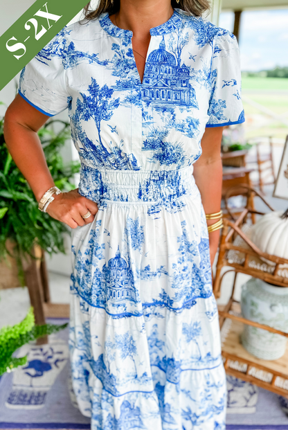 Garden Wedding Toile V-Neck Smocked Tiered Maxi Dress | Mira 4