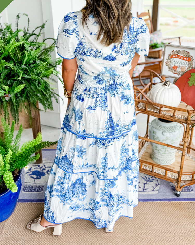 Garden Wedding Toile V-Neck Smocked Tiered Maxi Dress | Mira 5