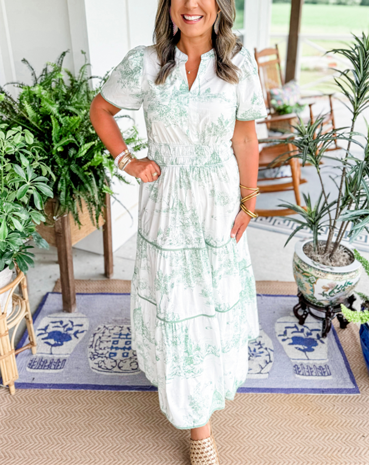 Garden Wedding Toile V-Neck Smocked Tiered Maxi Dress | Mira 7
