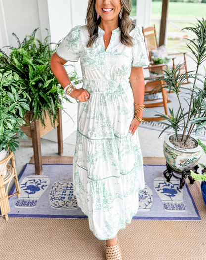 Garden Wedding Toile V-Neck Smocked Tiered Maxi Dress | Mira 7