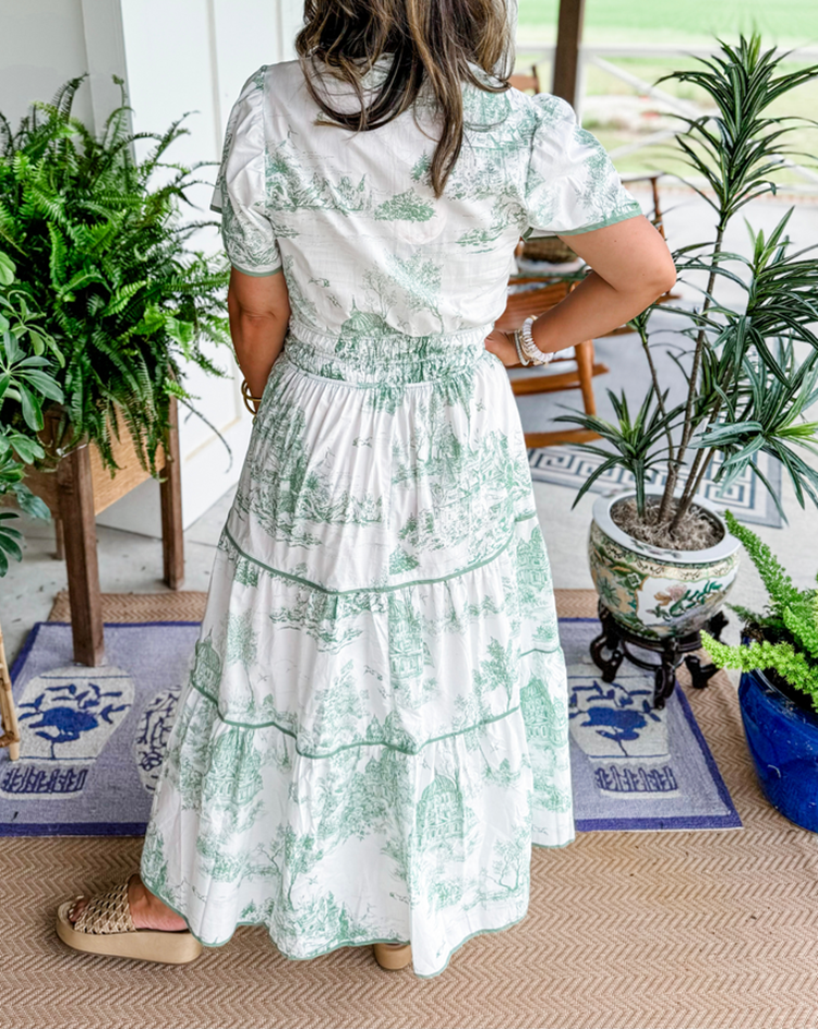 Garden Wedding Toile V-Neck Smocked Tiered Maxi Dress | Mira 8