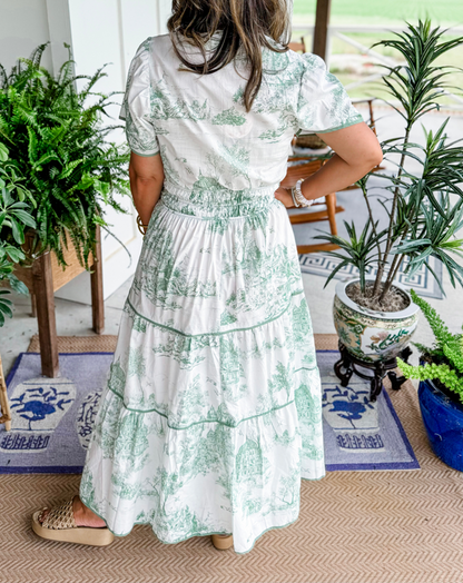 Garden Wedding Toile V-Neck Smocked Tiered Maxi Dress | Mira 8