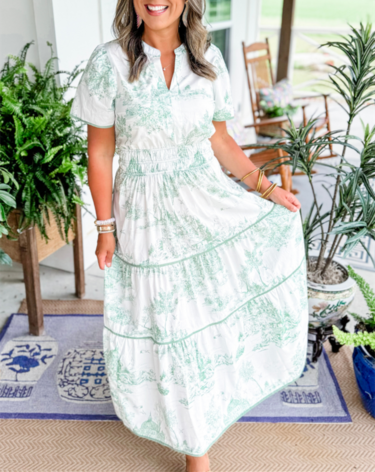Garden Wedding Toile V-Neck Smocked Tiered Maxi Dress | Mira 9