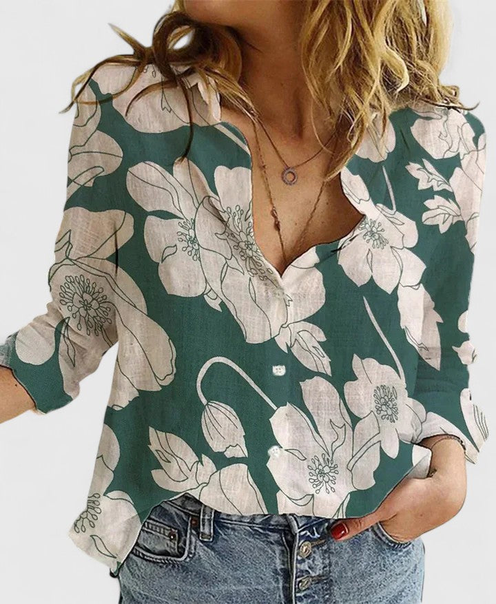 Jennifer | Women's Casual Relaxed Fit V-Neck Button Front Linen Blouse 11