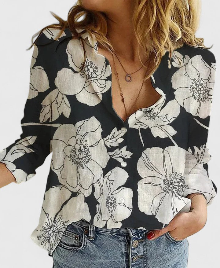 Jennifer | Women's Casual Relaxed Fit V-Neck Button Front Linen Blouse 9