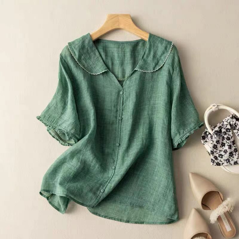 Kristi | Women's Vintage-Inspired Scalloped Collar Short Sleeve Relaxed Fit Button Detail Blouse 0