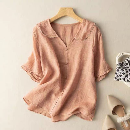 Kristi | Women's Vintage-Inspired Scalloped Collar Short Sleeve Relaxed Fit Button Detail Blouse 1