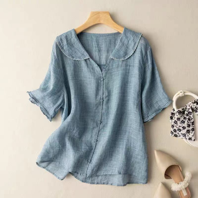 Kristi | Women's Vintage-Inspired Scalloped Collar Short Sleeve Relaxed Fit Button Detail Blouse 2