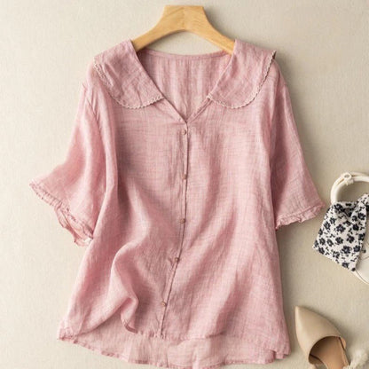 Kristi | Women's Vintage-Inspired Scalloped Collar Short Sleeve Relaxed Fit Button Detail Blouse 3