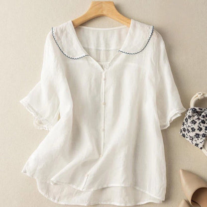 Kristi | Women's Vintage-Inspired Scalloped Collar Short Sleeve Relaxed Fit Button Detail Blouse 4