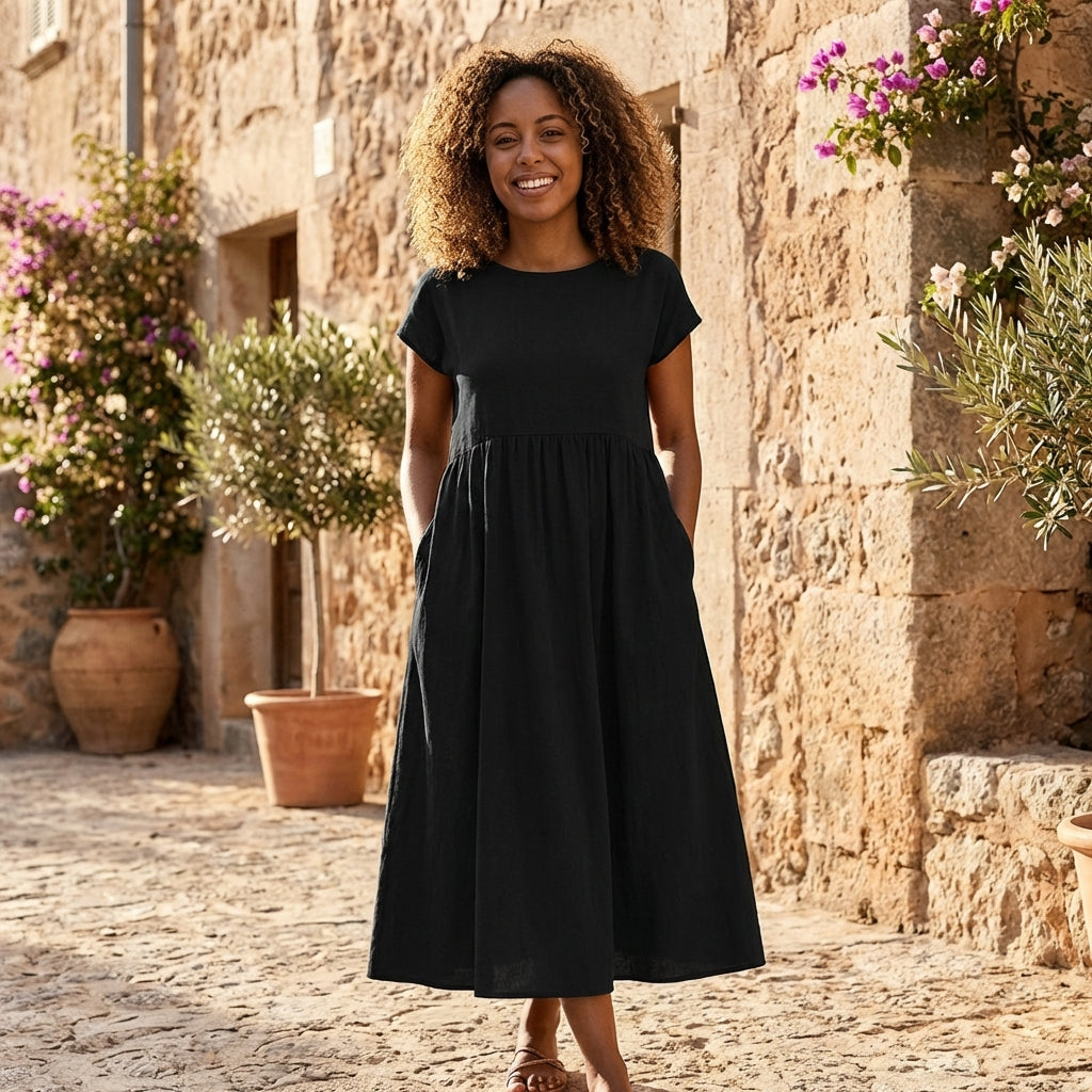 Liora | Womens Casual Satin Cowl Neck Short Sleeve Empire Waist Side Pockets Midi Dress 9