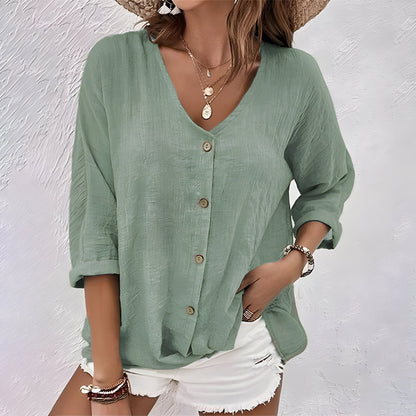 Marcia | Women's Casual Relaxed Fit V-Neck Roll Sleeve Button-Up Blouse 0