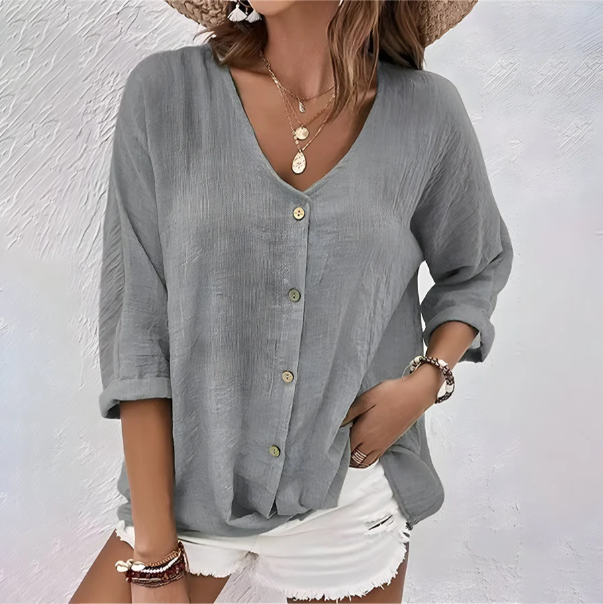 Marcia | Women's Casual Relaxed Fit V-Neck Roll Sleeve Button-Up Blouse 1