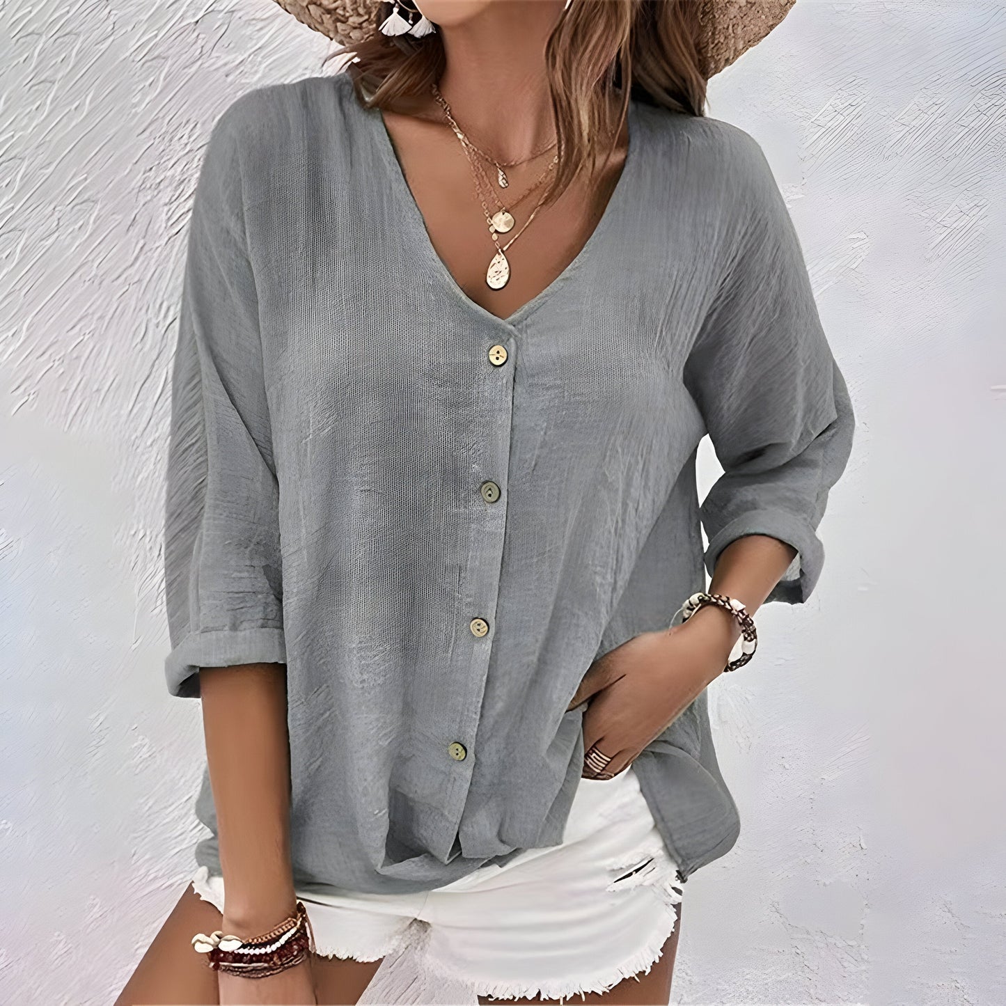 Marcia | Women's Casual Relaxed Fit V-Neck Roll Sleeve Button-Up Blouse 3