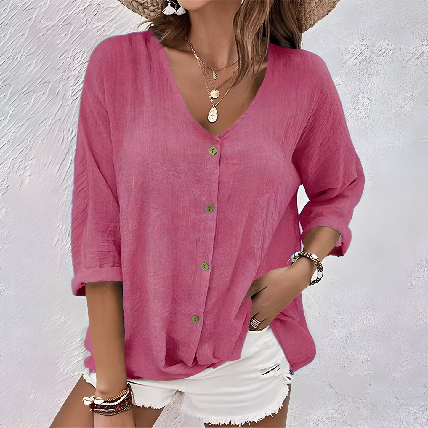 Marcia | Women's Casual Relaxed Fit V-Neck Roll Sleeve Button-Up Blouse 4