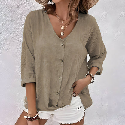 Marcia | Women's Casual Relaxed Fit V-Neck Roll Sleeve Button-Up Blouse 6