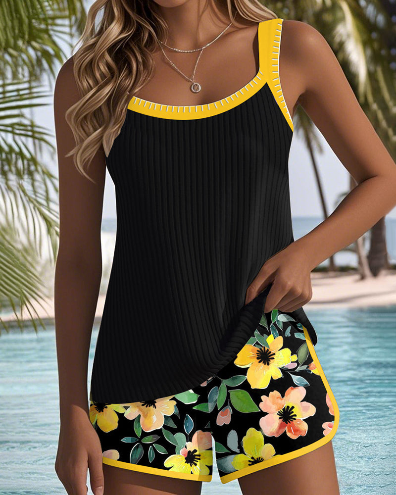 Maren | Women's Sporty Flowy Tummy Control Adjustable Tank Top Boxer Swimwear Set 8
