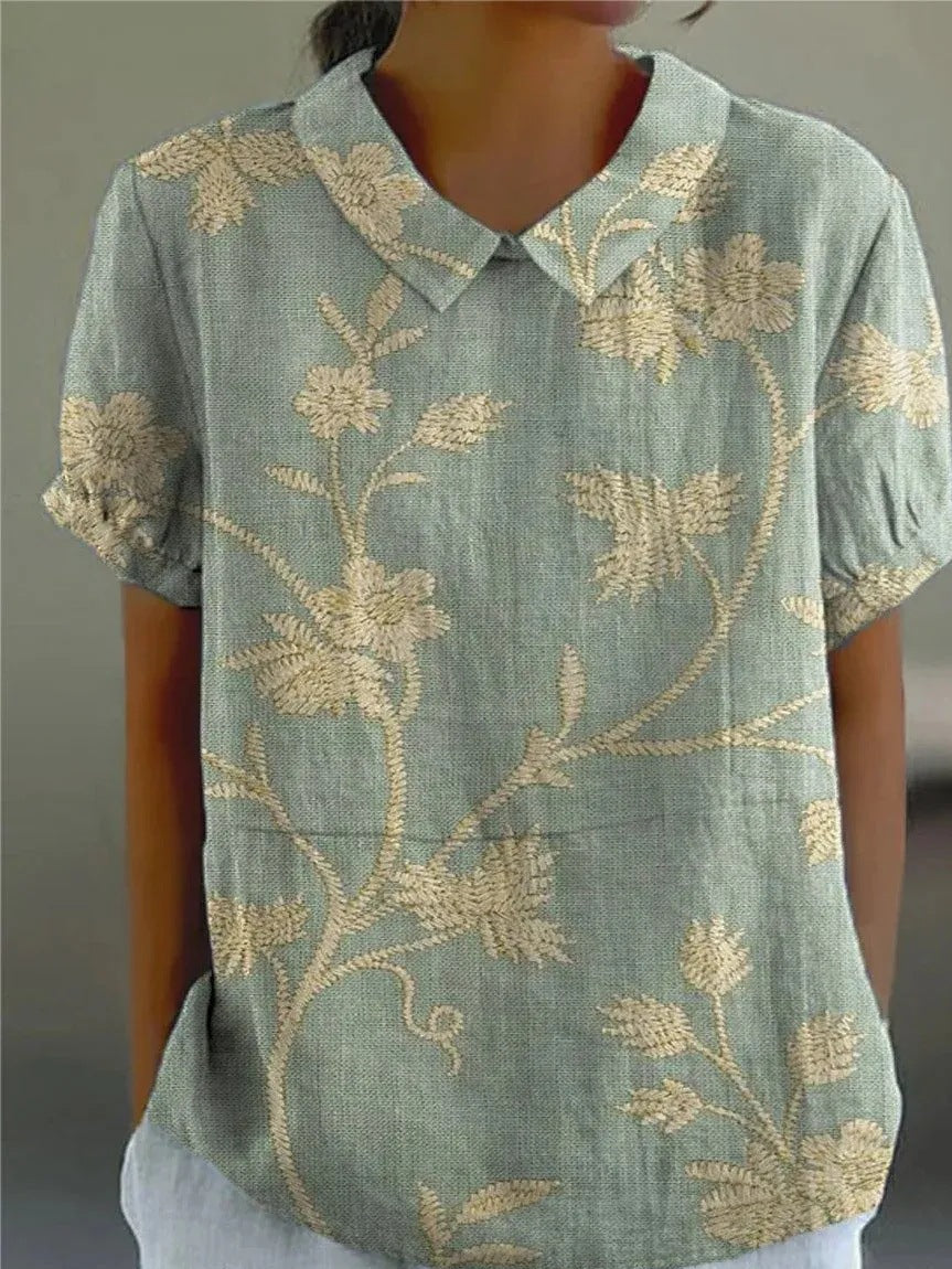 Nancy | Women's Casual Relaxed Fit Collared Short Sleeve Floral Print Button-Up Shirt 0