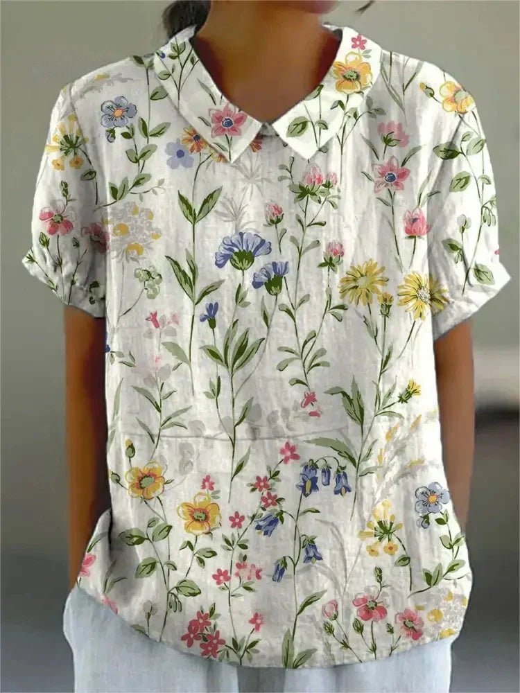 Nancy | Women's Casual Relaxed Fit Collared Short Sleeve Floral Print Button-Up Shirt 1