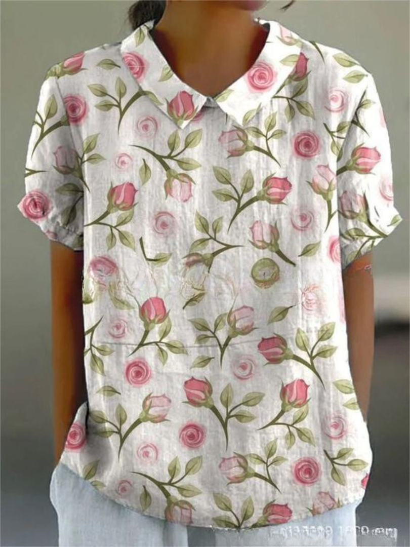 Nancy | Women's Casual Relaxed Fit Collared Short Sleeve Floral Print Button-Up Shirt 4