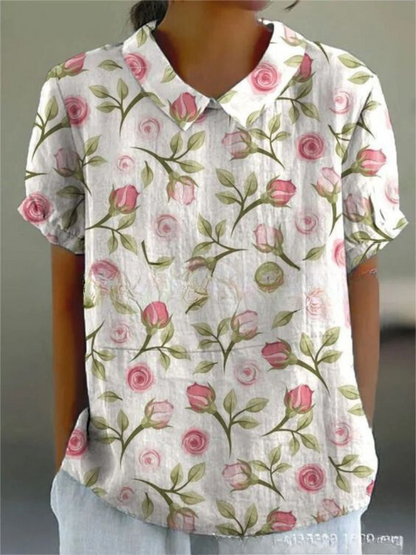 Nancy | Women's Casual Relaxed Fit Collared Short Sleeve Floral Print Button-Up Shirt 4