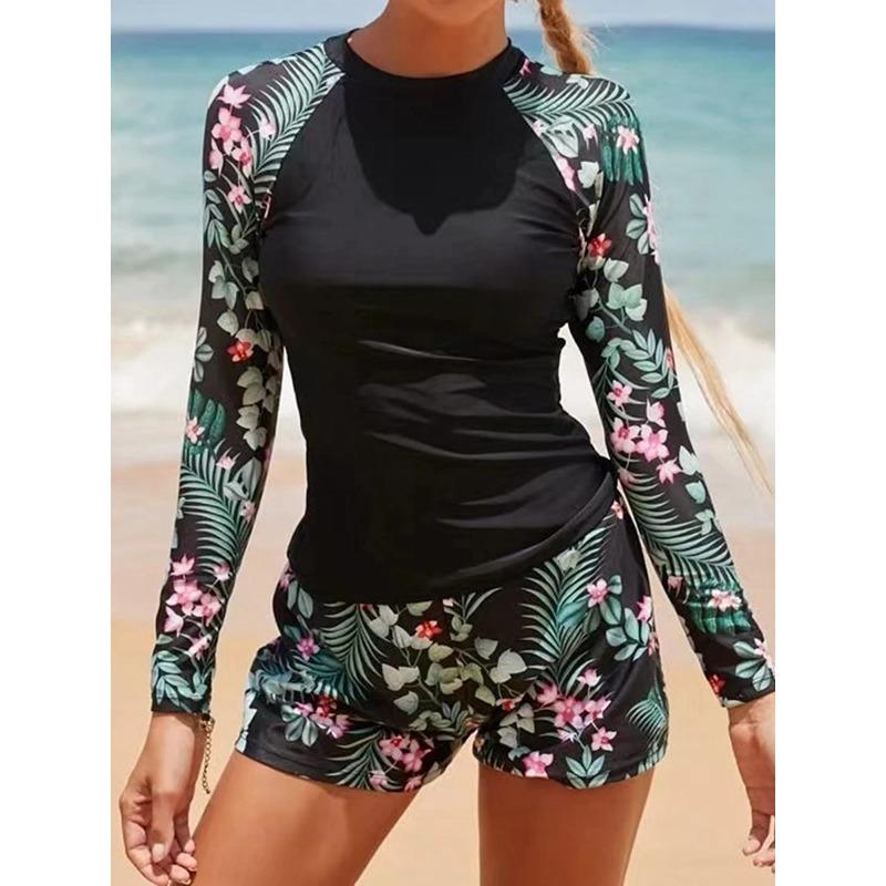 Noa | Women's Athletic Long Sleeve Ruching Mid-Rise Boxer Tummy Control Two-Piece Surfing Set 1