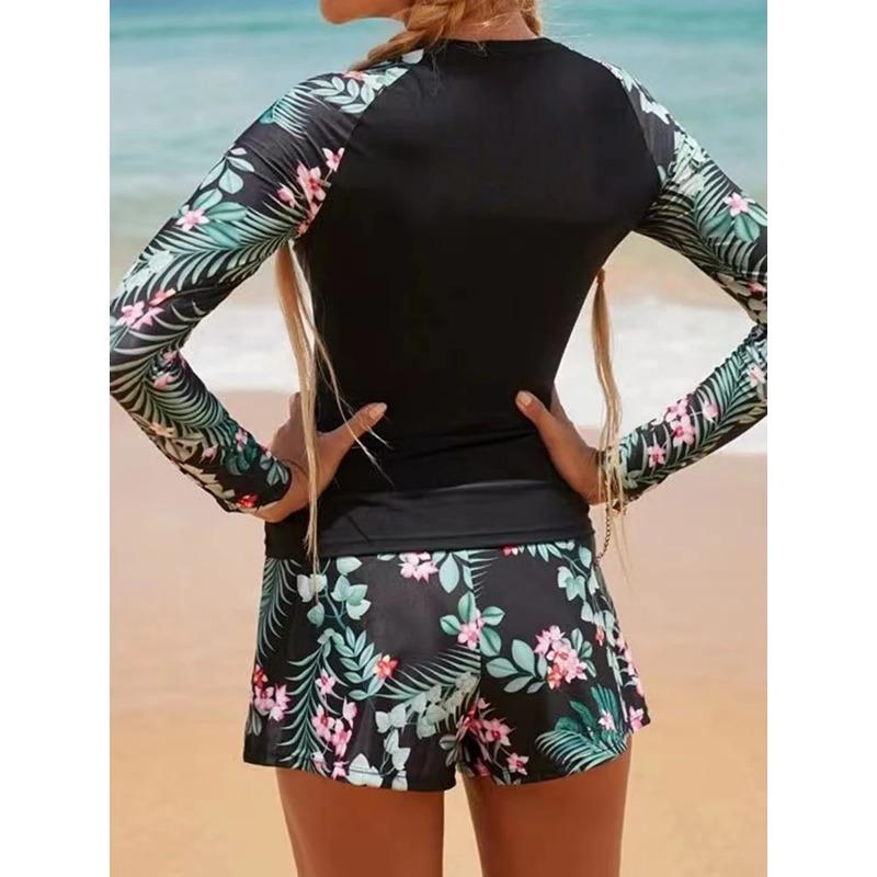 Noa | Women's Athletic Long Sleeve Ruching Mid-Rise Boxer Tummy Control Two-Piece Surfing Set 2