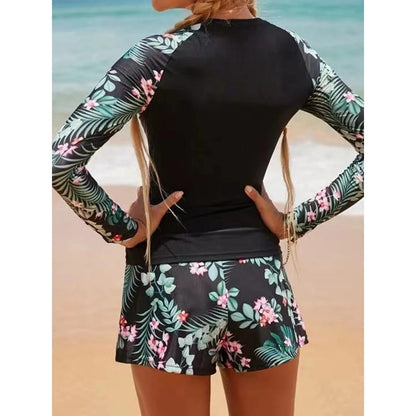 Noa | Women's Athletic Long Sleeve Ruching Mid-Rise Boxer Tummy Control Two-Piece Surfing Set 2