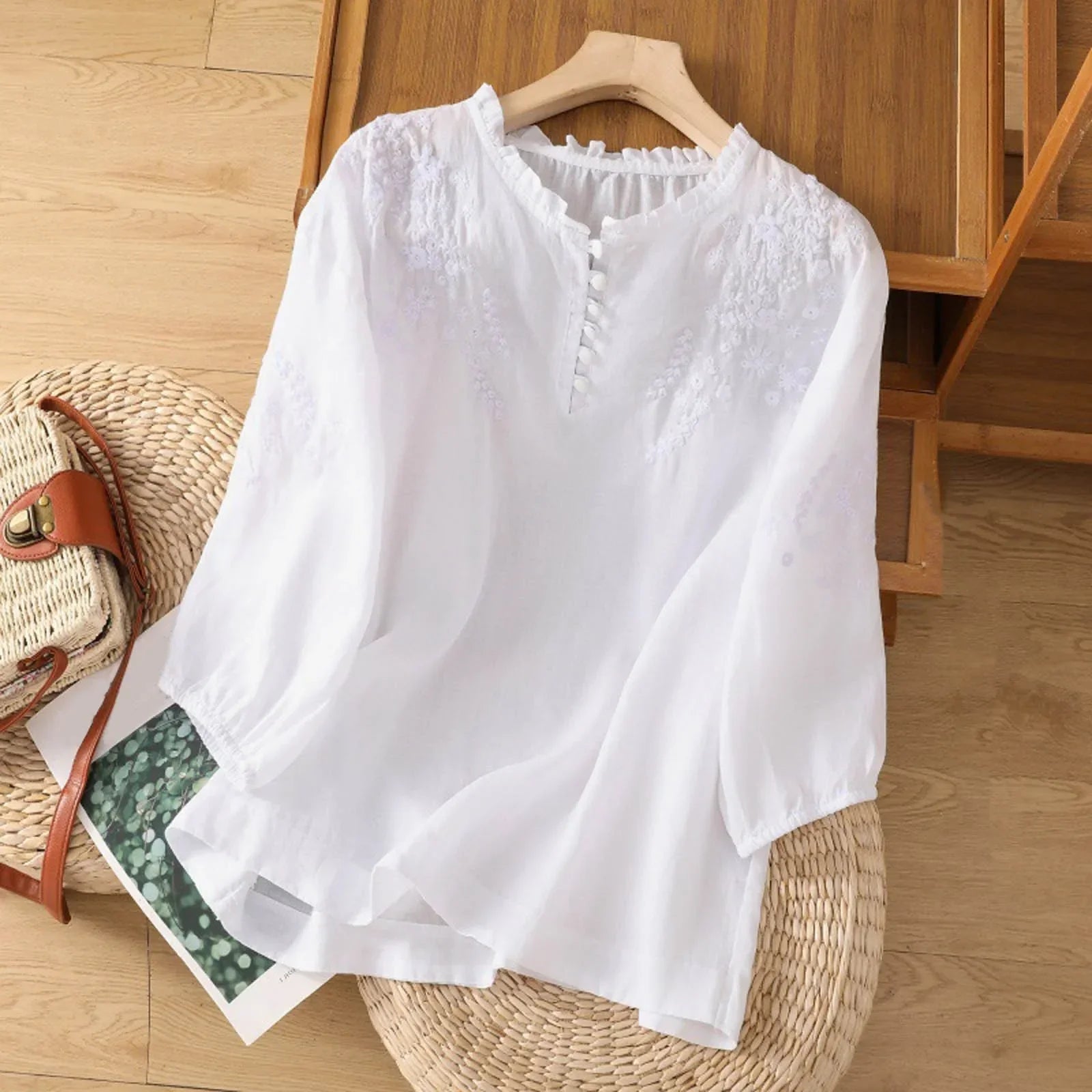 Suzanne | Women's Elegant Embroidered Button-Front Relaxed Fit Blouse 0