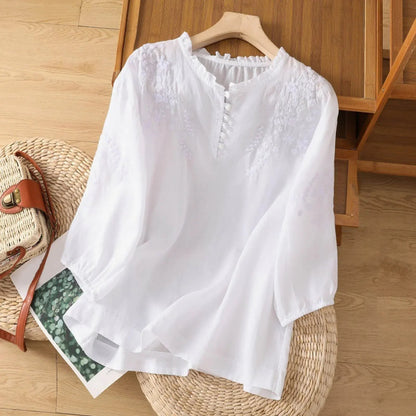 Suzanne | Women's Elegant Embroidered Button-Front Relaxed Fit Blouse 0