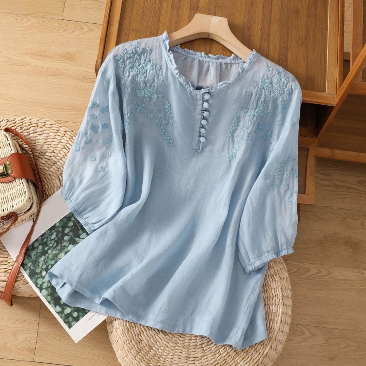 Suzanne | Women's Elegant Embroidered Button-Front Relaxed Fit Blouse 1