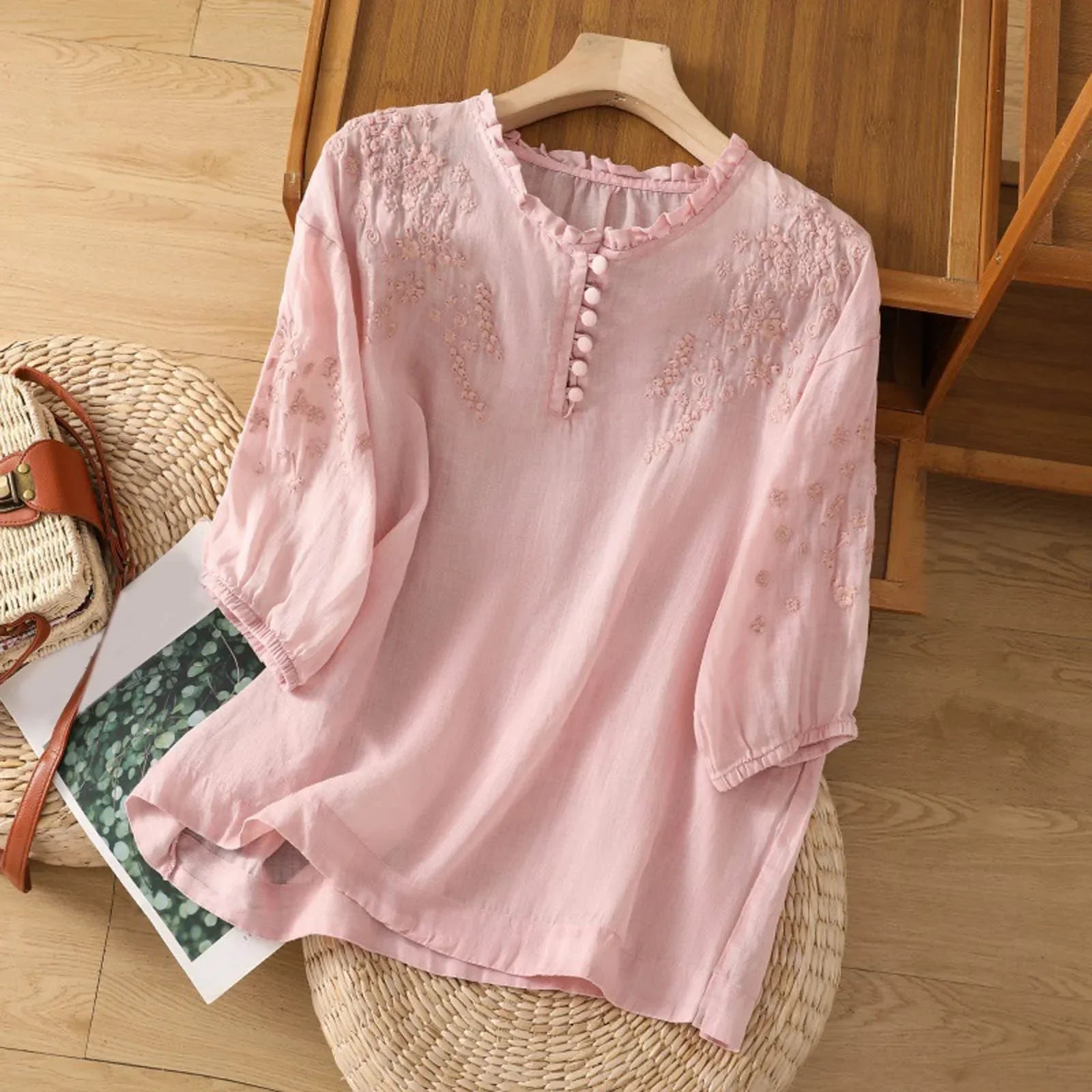 Suzanne | Women's Elegant Embroidered Button-Front Relaxed Fit Blouse 2